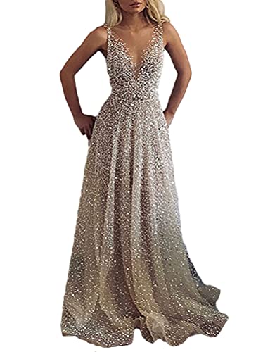 Minetom Cocktailkleider Damen Hochzeitskleid Frauen Festliches Kleid Glänzend Pailletten Elegant Lang Abend Party Ballkleid Brautjungfer V-Ausschnitt Split Maxikleid B Silber XL von Minetom