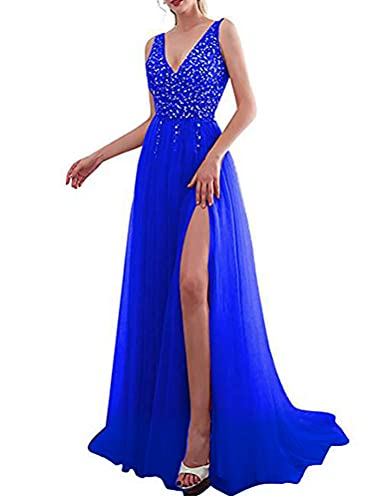 Minetom Cocktailkleider Damen Hochzeitskleid Frauen Festliches Kleid Glänzend Pailletten Elegant Lang Abend Party Ballkleid Brautjungfer V-Ausschnitt Split Maxikleid C Blau M von Minetom