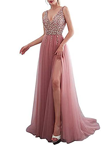 Minetom Cocktailkleider Damen Hochzeitskleid Frauen Festliches Kleid Glänzend Pailletten Elegant Lang Abend Party Ballkleid Brautjungfer V-Ausschnitt Split Maxikleid C Rosa M von Minetom