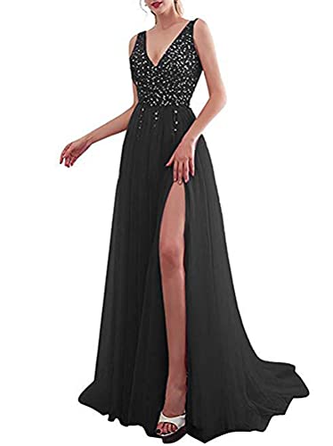 Minetom Cocktailkleider Damen Hochzeitskleid Frauen Festliches Kleid Glänzend Pailletten Elegant Lang Abend Party Ballkleid Brautjungfer V-Ausschnitt Split Maxikleid C Schwarz L von Minetom