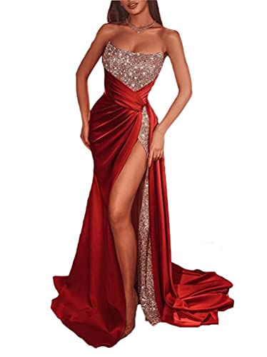 Minetom Cocktailkleider Damen Hochzeitskleid Frauen Festliches Kleid Glänzend Pailletten Elegant Lang Abend Party Ballkleid Brautjungfer V-Ausschnitt Split Maxikleid D Rot M von Minetom