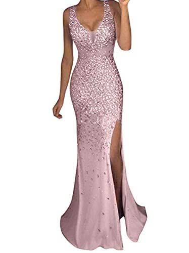 Minetom Cocktailkleider Damen Hochzeitskleid Frauen Festliches Kleid Pailletten Prom Party Ballkleid Gold Abend Brautjungfer V-Ausschnitt Lang Partykleid High Split Abendkleider A Rosa M von Minetom