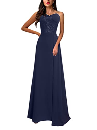 Minetom Cocktailkleider Damen Schulterfrei Pailletten Hochzeitskleid Festliches Kleid Lang Abend Party Ballkleid Brautjungfer V-Ausschnitt Maxikleid J Blau L von Minetom