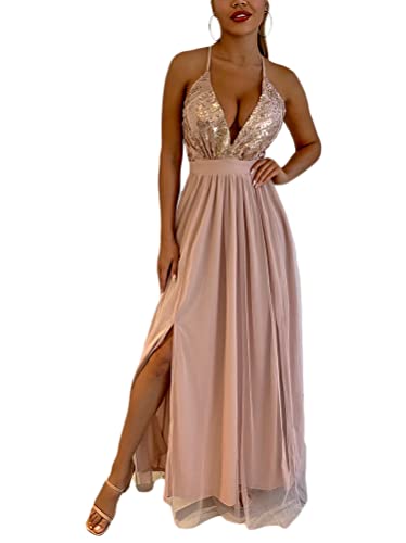 Minetom Cocktailkleider Damen Sexy Pailletten Hochzeitskleid Festliches Kleid Lang Abend Party Ballkleid Brautjungfer V-Ausschnitt Split Maxikleid F Champagner L von Minetom