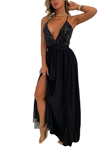 Minetom Cocktailkleider Damen Sexy Pailletten Hochzeitskleid Festliches Kleid Lang Abend Party Ballkleid Brautjungfer V-Ausschnitt Split Maxikleid F Schwarz L von Minetom