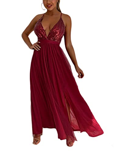 Minetom Cocktailkleider Damen Sexy Pailletten Hochzeitskleid Festliches Kleid Lang Abend Party Ballkleid Brautjungfer V-Ausschnitt Split Maxikleid F Weinrot M von Minetom