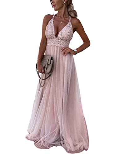 Minetom Cocktailkleider Damen Sexy Spitzenkleid Hochzeitskleid Festliches Kleid Lang Abend Party Ballkleid Brautjungfer V-Ausschnitt Maxikleid E Rosa S von Minetom