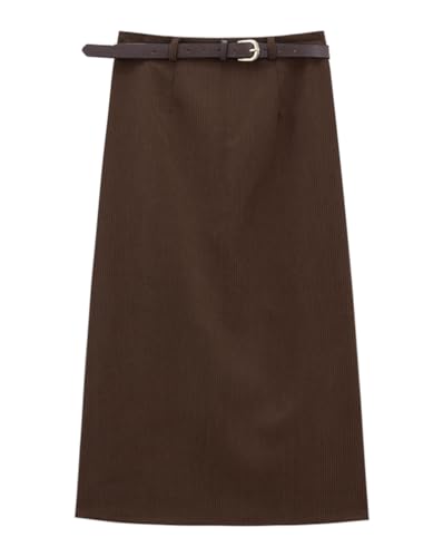 Minetom Cordrock Damen Herbst Winter Cord Rock Lange Röcke Kordsamt Midirock Hohe Taille Skirt Bodycon Bleistiftrock Wickelrock mit Gürtel B Braun S von Minetom