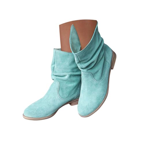 Minetom Cowboystiefel Damen Stiefeletten Wildleder Kurzstiefel Blockabsatz Ankle Boots Westernstiefel Schlupfschuhe A1 Blau 38 EU von Minetom