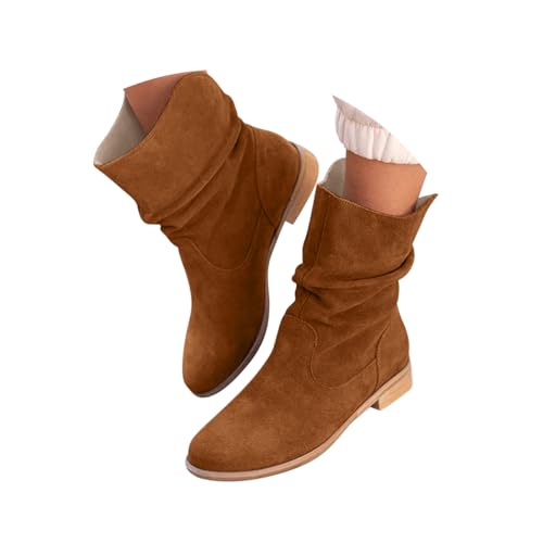 Minetom Cowboystiefel Damen Stiefeletten Wildleder Kurzstiefel Blockabsatz Ankle Boots Westernstiefel Schlupfschuhe A1 Braun 35 EU von Minetom