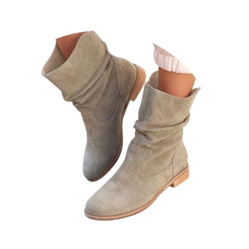 Minetom Cowboystiefel Damen Stiefeletten Wildleder Kurzstiefel Blockabsatz Ankle Boots Westernstiefel Schlupfschuhe A1 Khaki 35 EU von Minetom