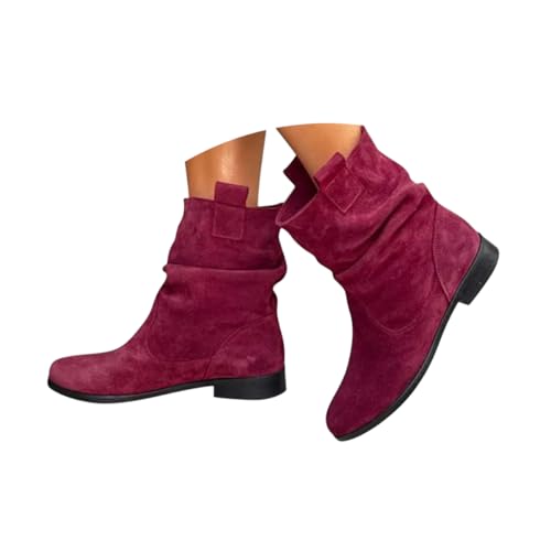 Minetom Cowboystiefel Damen Stiefeletten Wildleder Kurzstiefel Blockabsatz Ankle Boots Westernstiefel Schlupfschuhe A1 Weinrot 42 EU von Minetom