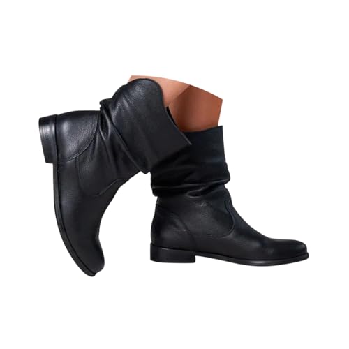 Minetom Cowboystiefel Damen Stiefeletten Wildleder Kurzstiefel Blockabsatz Ankle Boots Westernstiefel Schlupfschuhe A2 Schwarz 43 EU von Minetom