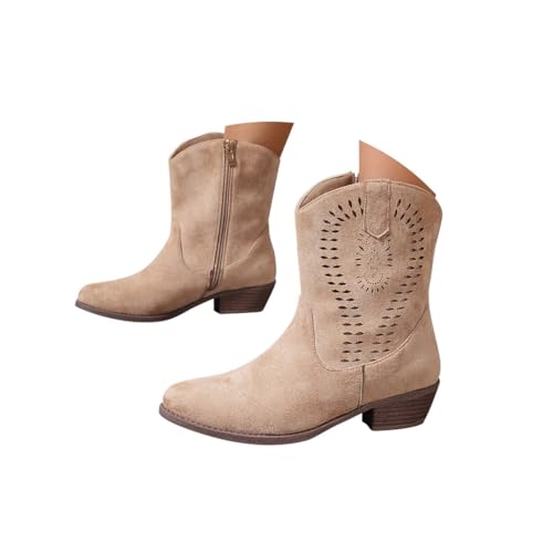 Minetom Cowboystiefel Damen Stiefeletten Wildleder Kurzstiefel Blockabsatz Ankle Boots Westernstiefel Schlupfschuhe B Khaki 37 EU von Minetom