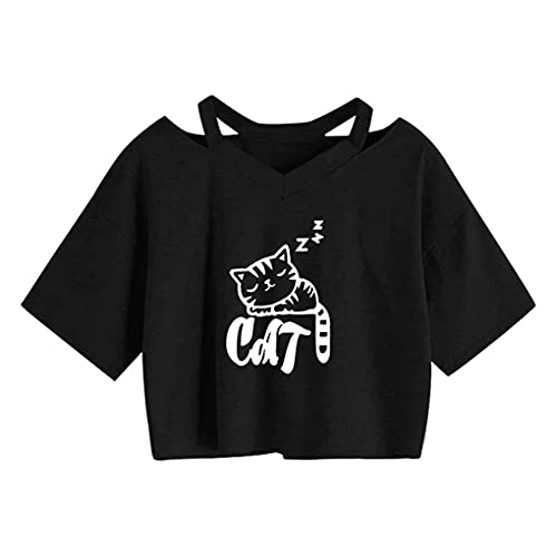 Minetom Crop Top Damen Sommer Teenager Mädchen Ananas Stickerei Bluse Sport V-Ausschnitt Tops Shirt Hemd Frauen Kurzarm Lässiges T Shirt Oberteil F Katze 38 von Minetom