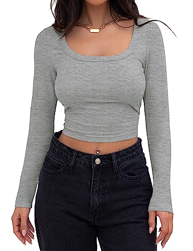 Minetom Crop Top Damen Strick Crop T-Shirt Bauchfrei Gestricktes Oberteile Quadratischem Kragen Langarmshirt Basic Cropped Tops Teenager Mädchen Sexy Elegant Streetwear A Grau M von Minetom