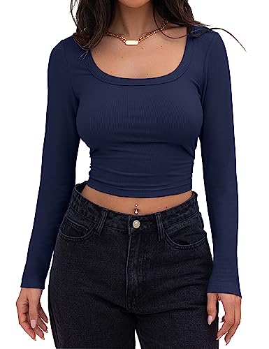 Minetom Crop Top Damen Strick Crop T-Shirt Bauchfrei Gestricktes Oberteile Quadratischem Kragen Langarmshirt Basic Cropped Tops Teenager Mädchen Sexy Elegant Streetwear A Marineblau M von Minetom