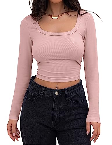 Minetom Crop Top Damen Strick Crop T-Shirt Bauchfrei Gestricktes Oberteile Quadratischem Kragen Langarmshirt Basic Cropped Tops Teenager Mädchen Sexy Elegant Streetwear A Rosa M von Minetom