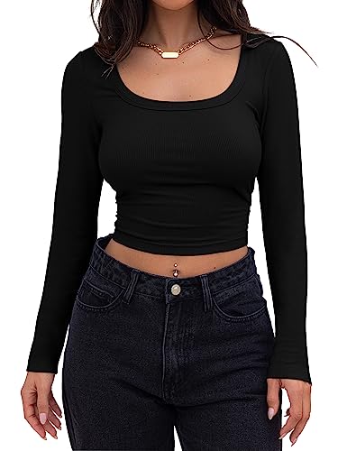 Minetom Crop Top Damen Strick Crop T-Shirt Bauchfrei Gestricktes Oberteile Quadratischem Kragen Langarmshirt Basic Cropped Tops Teenager Mädchen Sexy Elegant Streetwear A Schwarz M von Minetom