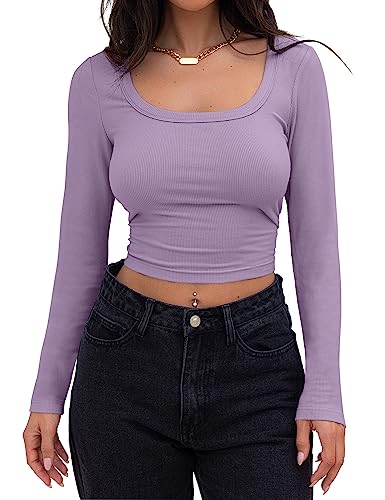 Minetom Crop Top Damen Strick Crop T-Shirt Bauchfrei Gestricktes Oberteile Quadratischem Kragen Langarmshirt Basic Cropped Tops Teenager Mädchen Sexy Elegant Streetwear A Violett M von Minetom