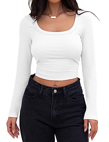 Minetom Crop Top Damen Strick Crop T-Shirt Bauchfrei Gestricktes Oberteile Quadratischem Kragen Langarmshirt Basic Cropped Tops Teenager Mädchen Sexy Elegant Streetwear A Weiß XS von Minetom