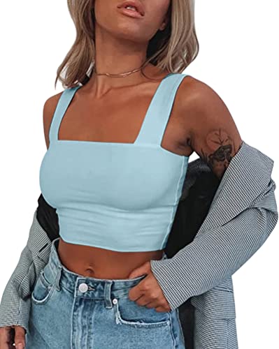 Minetom Crop Tops Damen Ärmellos Oberteil Cropped Top Quadratischer Kragen Tank Top Sexy Bauchfrei T-Shirt Sommer Casual Tanktops Camisole Oberteil A Blau S von Minetom