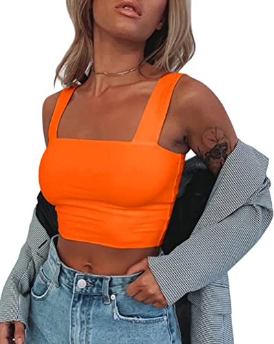 Minetom Crop Tops Damen Ärmellos Oberteil Cropped Top Quadratischer Kragen Tank Top Sexy Bauchfrei T-Shirt Sommer Casual Tanktops Camisole Oberteil A Orange L von Minetom