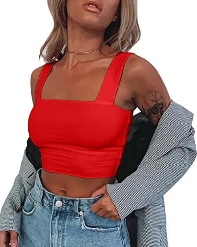 Minetom Crop Tops Damen Ärmellos Oberteil Cropped Top Quadratischer Kragen Tank Top Sexy Bauchfrei T-Shirt Sommer Casual Tanktops Camisole Oberteil A Rot L von Minetom