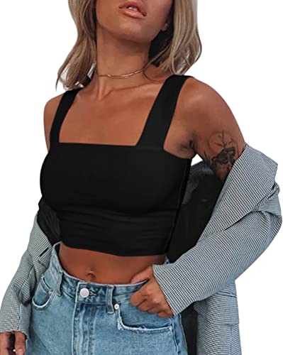 Minetom Crop Tops Damen Ärmellos Oberteil Cropped Top Quadratischer Kragen Tank Top Sexy Bauchfrei T-Shirt Sommer Casual Tanktops Camisole Oberteil A Schwarz L von Minetom