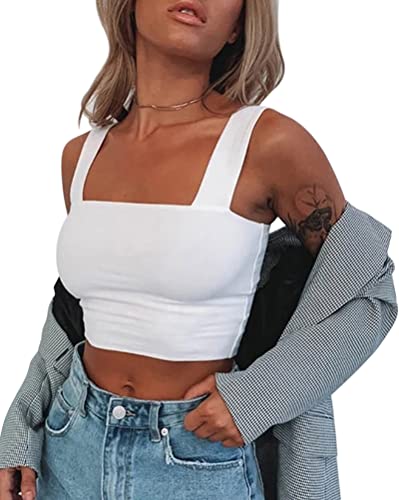 Minetom Crop Tops Damen Ärmellos Oberteil Cropped Top Quadratischer Kragen Tank Top Sexy Bauchfrei T-Shirt Sommer Casual Tanktops Camisole Oberteil A Weiß L von Minetom