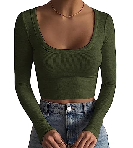 Minetom Sweatshirt Damen Rippenstrick Crop Tops Langarm Ribbed Quadratischer Ausschnitt Crop T-Shirt Bauchfrei Oberteile Langarmshirt Cropped Top Basic Pullover Sweatshirts A Armeegrün M von Minetom