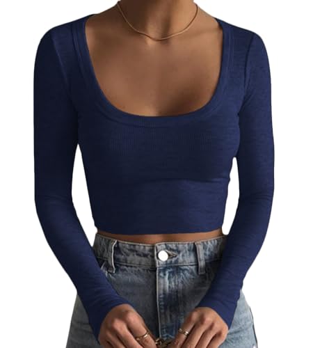 Minetom Sweatshirt Damen Rippenstrick Crop Tops Langarm Ribbed Quadratischer Ausschnitt Crop T-Shirt Bauchfrei Oberteile Langarmshirt Cropped Top Basic Pullover Sweatshirts A Dunkelblau S von Minetom