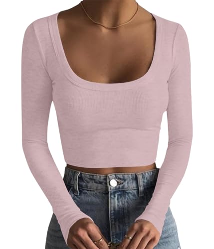 Minetom Damen Langarm T-Shirt mit Quadratischer Ausschnitt Basic Langarmshirt Crop Tops Bauchfrei Oberteile Sweatshirt Pullover Top Herbst Ribbed A Hellrosa XS von Minetom