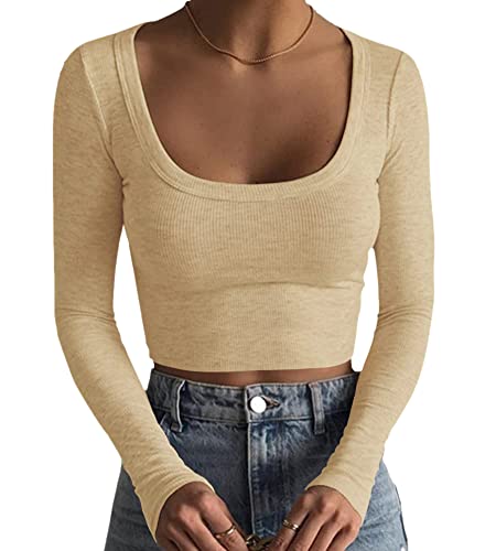 Minetom Damen Langarm T-Shirt mit Quadratischer Ausschnitt Basic Langarmshirt Crop Tops Bauchfrei Oberteile Sweatshirt Pullover Top Herbst Ribbed A Khaki S von Minetom