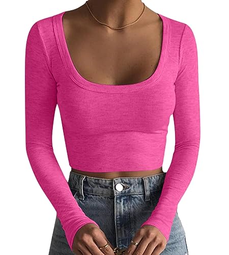 Minetom Crop Tops Damen Strick Crop T-Shirt Bauchfrei Oberteile Quadratischem Kragen Langarmshirt Cropped Top Basic Pullover Langarm Shirts Teenager Mädchen Sexy Elegant Streetwear A Pink L von Minetom