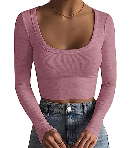 Minetom Damen Langarm T-Shirt mit Quadratischer Ausschnitt Basic Langarmshirt Crop Tops Bauchfrei Oberteile Sweatshirt Pullover Top Herbst Ribbed A Rosa M von Minetom