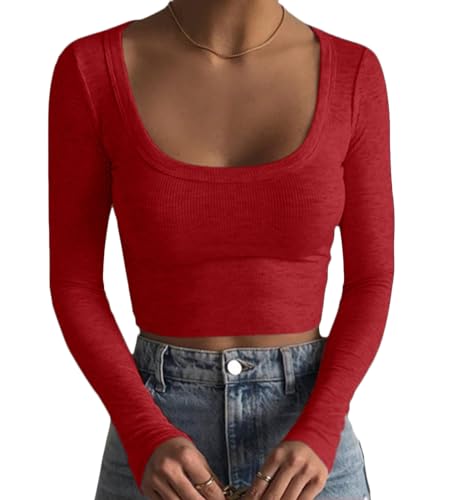 Minetom Sweatshirt Damen Rippenstrick Crop Tops Langarm Ribbed Quadratischer Ausschnitt Crop T-Shirt Bauchfrei Oberteile Langarmshirt Cropped Top Basic Pullover Sweatshirts A Rot L von Minetom