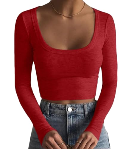 Minetom Damen Langarm T-Shirt mit Quadratischer Ausschnitt Basic Langarmshirt Crop Tops Bauchfrei Oberteile Sweatshirt Pullover Top Herbst Ribbed A Rot XS von Minetom