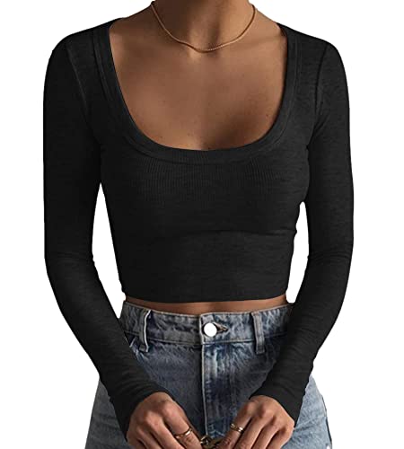 Minetom Damen Langarm T-Shirt mit Quadratischer Ausschnitt Basic Langarmshirt Crop Tops Bauchfrei Oberteile Sweatshirt Pullover Top Herbst Ribbed A Schwarz XXL von Minetom