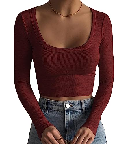 Minetom Sweatshirt Damen Rippenstrick Crop Tops Langarm Ribbed Quadratischer Ausschnitt Crop T-Shirt Bauchfrei Oberteile Langarmshirt Cropped Top Basic Pullover Sweatshirts A Weinrot L von Minetom