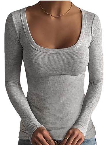 Minetom Crop Tops Damen Strick Crop T-Shirt Bauchfrei Oberteile Quadratischem Kragen Langarmshirt Cropped Top Basic Pullover Langarm Shirts Teenager Mädchen Sexy Elegant Streetwear B Grau L von Minetom