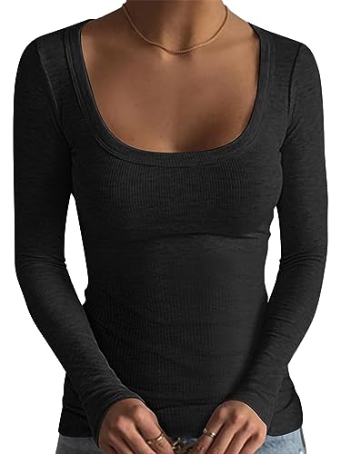 Minetom Crop Tops Damen Strick Crop T-Shirt Bauchfrei Oberteile Quadratischem Kragen Langarmshirt Cropped Top Basic Pullover Langarm Shirts Teenager Mädchen Sexy Elegant Streetwear B Schwarz L von Minetom