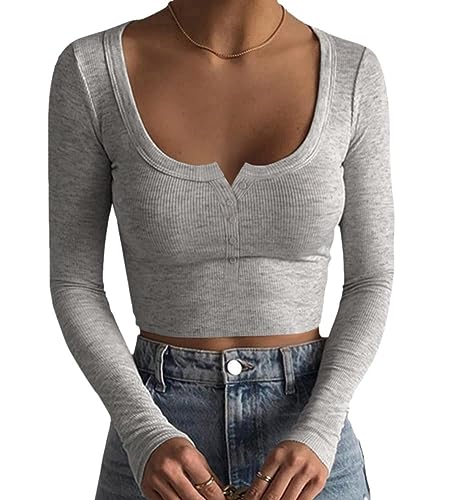 Minetom Damen Langarm T-Shirt mit Quadratischer Ausschnitt Basic Langarmshirt Crop Tops Bauchfrei Oberteile Sweatshirt Pullover Top Herbst Ribbed C Grau M von Minetom