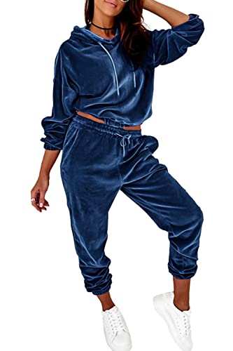 Minetom Damen 2 Stück Samt Hausanzug Trainingsanzug Freizeitanzug Jogginganzug Velours Langarm Oberteile Kapuzenpullover und Hose Set Zweiteilige Outfit Blau M von Minetom