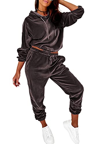 Minetom Damen 2 Stück Samt Hausanzug Trainingsanzug Freizeitanzug Jogginganzug Velours Langarm Oberteile Kapuzenpullover und Hose Set Zweiteilige Outfit Grau XXL von Minetom