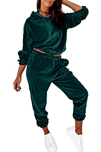 Minetom Damen 2 Stück Samt Hausanzug Trainingsanzug Freizeitanzug Jogginganzug Velours Langarm Oberteile Kapuzenpullover und Hose Set Zweiteilige Outfit Grün XXL von Minetom