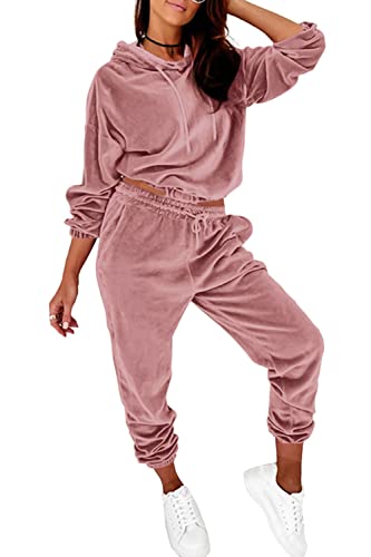 Minetom Damen 2 Stück Samt Hausanzug Trainingsanzug Freizeitanzug Jogginganzug Velours Langarm Oberteile Kapuzenpullover und Hose Set Zweiteilige Outfit Rosa L von Minetom