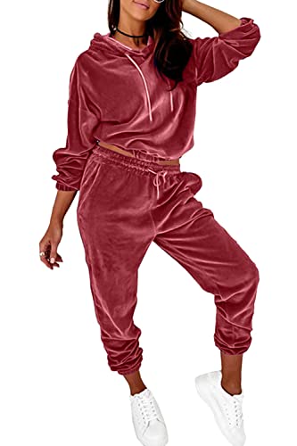 Minetom Damen 2 Stück Samt Hausanzug Trainingsanzug Freizeitanzug Jogginganzug Velours Langarm Oberteile Kapuzenpullover und Hose Set Zweiteilige Outfit Rot L von Minetom