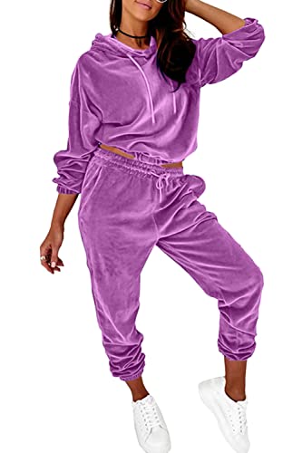 Minetom Damen 2 Stück Samt Hausanzug Trainingsanzug Freizeitanzug Jogginganzug Velours Langarm Oberteile Kapuzenpullover und Hose Set Zweiteilige Outfit Violett M von Minetom