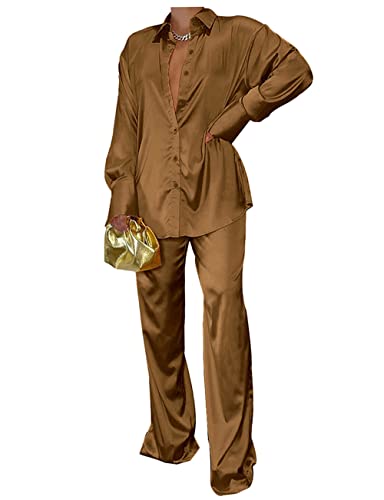 Minetom Damen 2 Stück Satin Outfits Revers Langarm Button Down Shirt Bluse Hohe Taille Lange Hosen Loungewear Streetwear Weites Bein Hosen Sets Hosenanzüge Zweiteiler A Braun S von Minetom